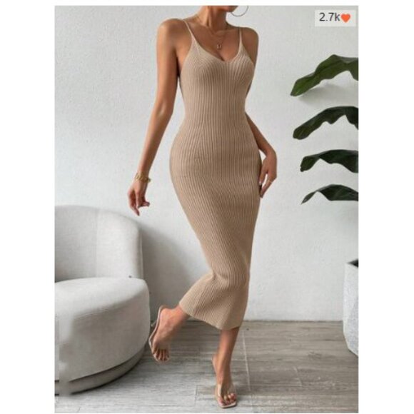 Ribbed knit light-weight sweater dress midi fitted neutral tan cream - Picture 1 of 6